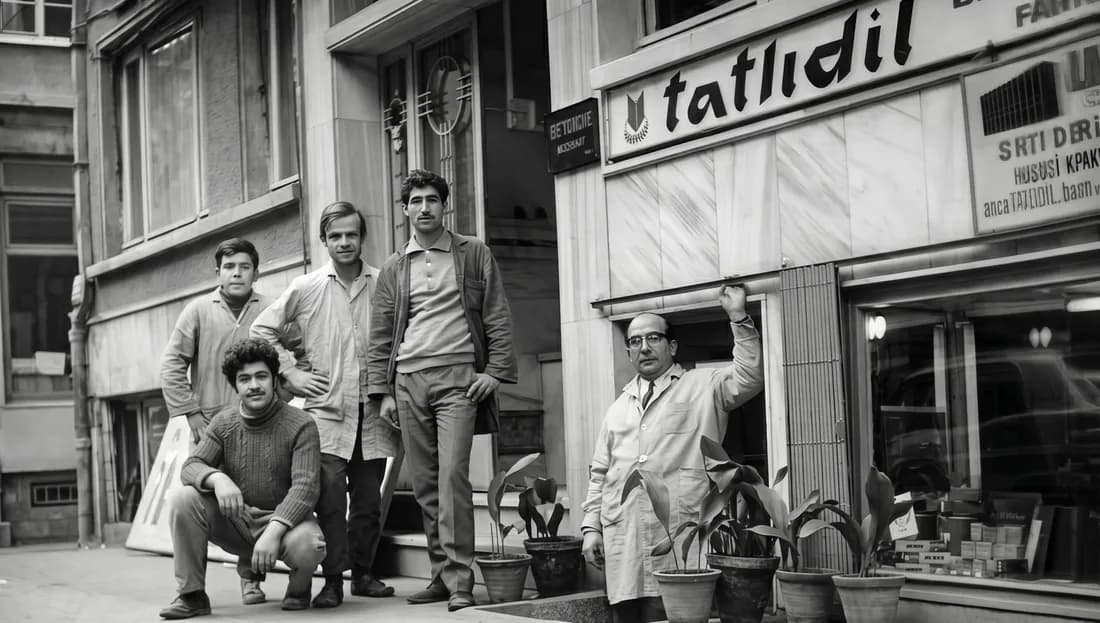 Arşivden siyah-beyaz fotoğraf: Tatlıdil tabelalı dükkânın önünde beş kişi