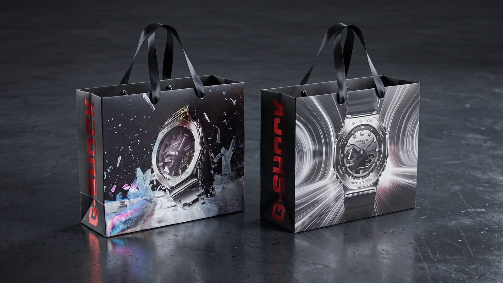 G-Shock için baskılı, kurdele saplı iki karton çanta