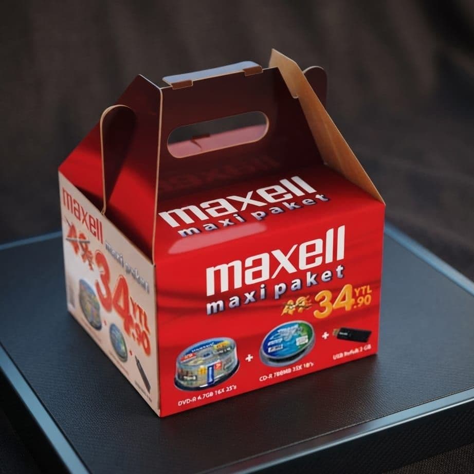 Ürün kutusu: Maxell · elektronik ürün ambalajı